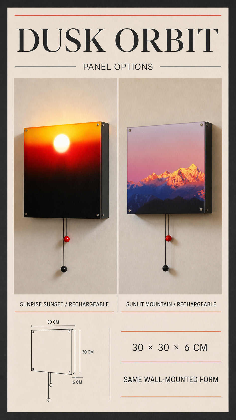 Dusk Orbit wall light Sunrise Sunset and Sunlit Mountain panel options