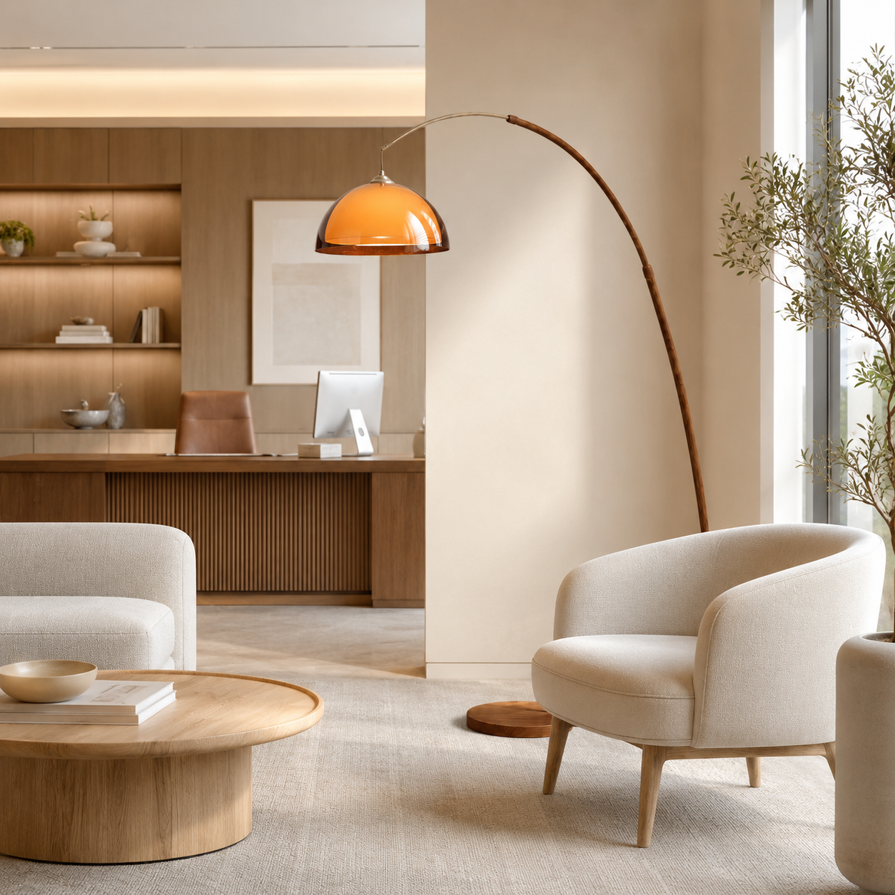 Walnut & Amber Color Bending Floor Lamp