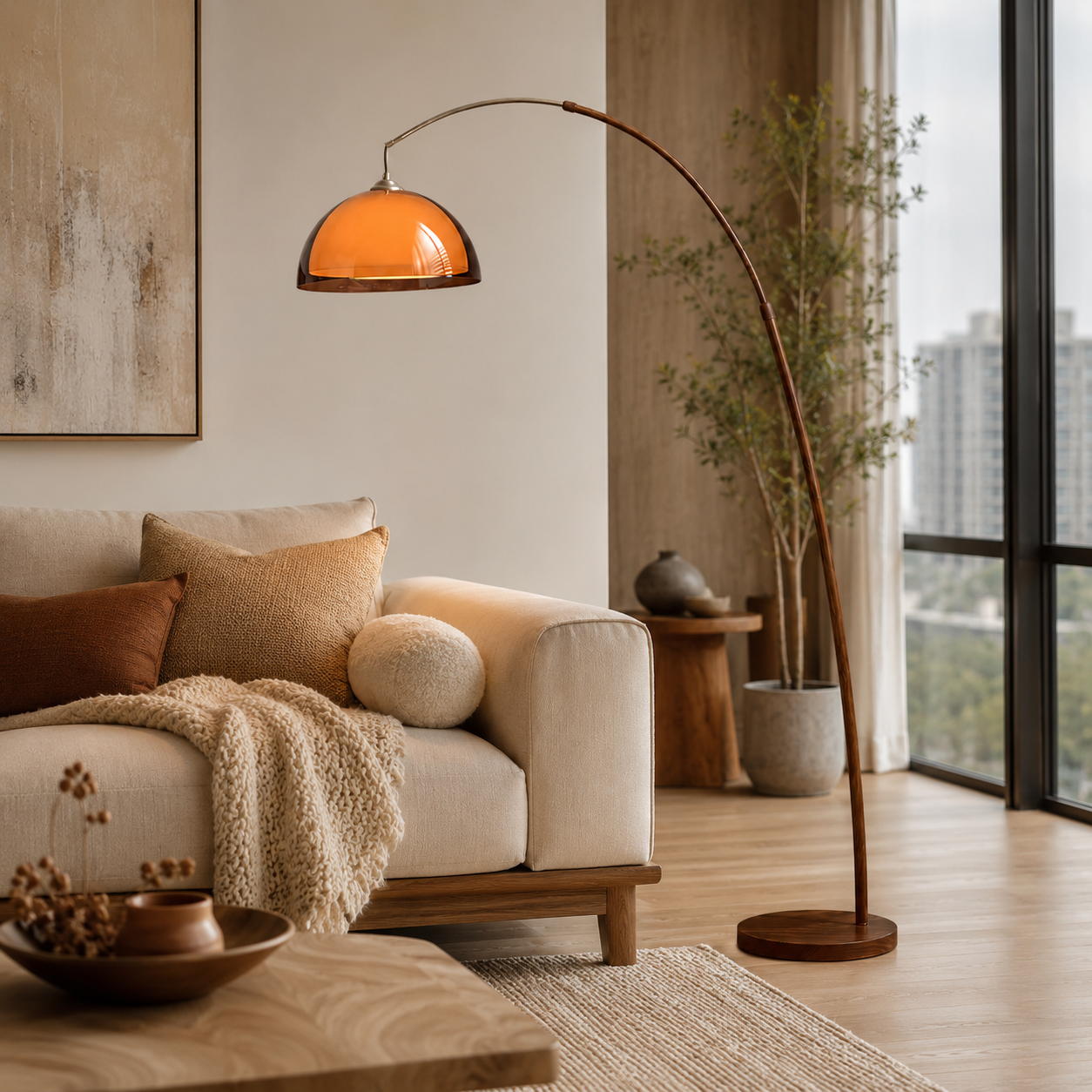 Walnut & Amber Color Bending Floor Lamp