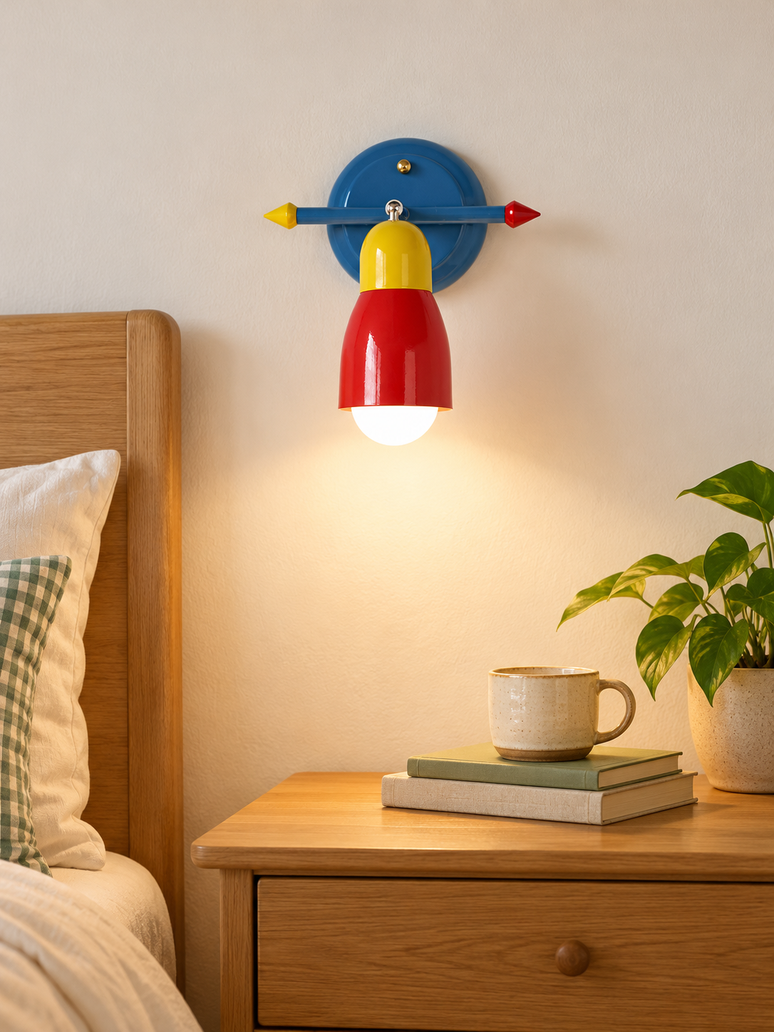 Red yellow and blue straight-arm wall light above a wooden bedside table