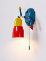 Red yellow and blue iron wall light, B - Curved, Spotlight, Pull-Chain Switch