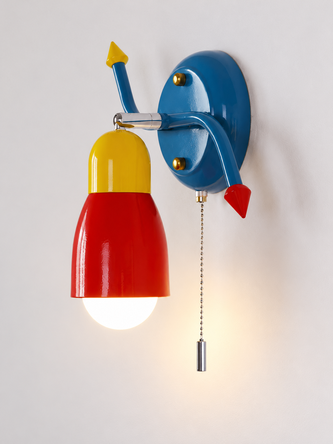 Red yellow and blue iron wall light, B - Curved, Milky White, Pull-Chain Switch
