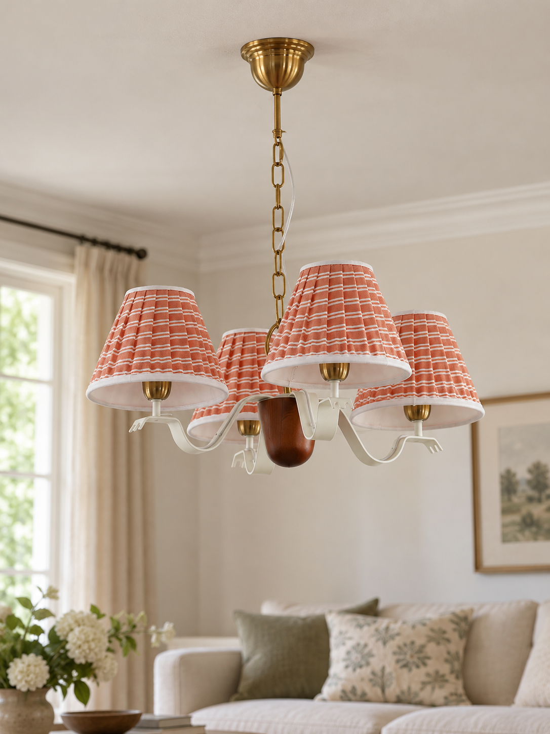 Round 4-light chandelier with red-and-white striped fabric shades, shown switched off in daylight