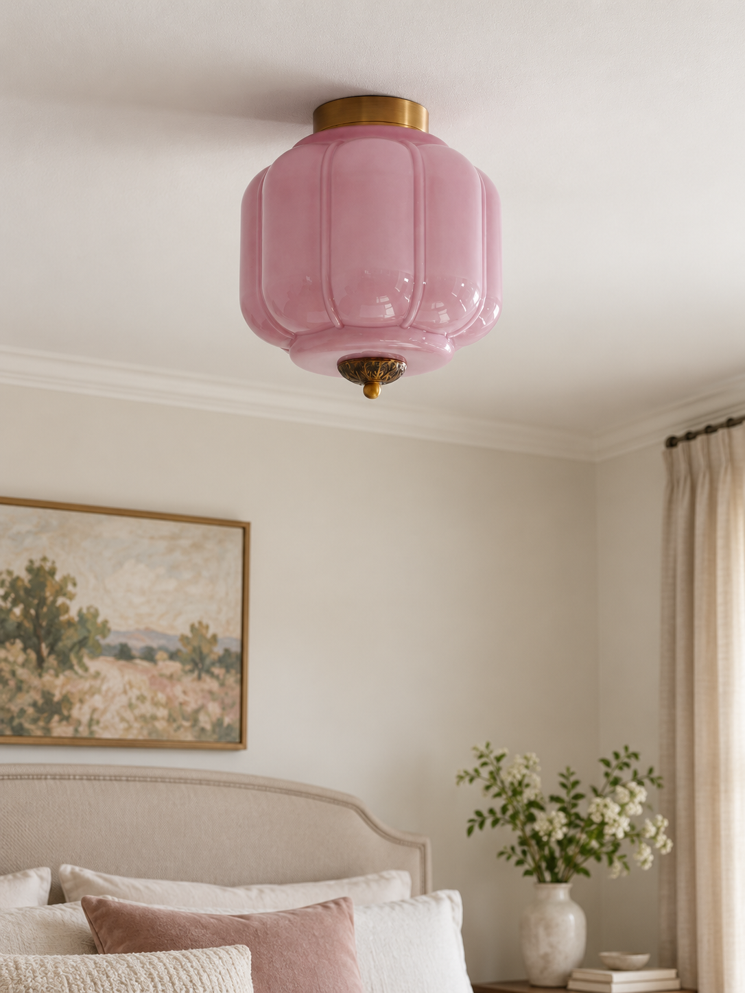 Fluted glass ceiling light, purple copper-tone24cm bedroom setting
