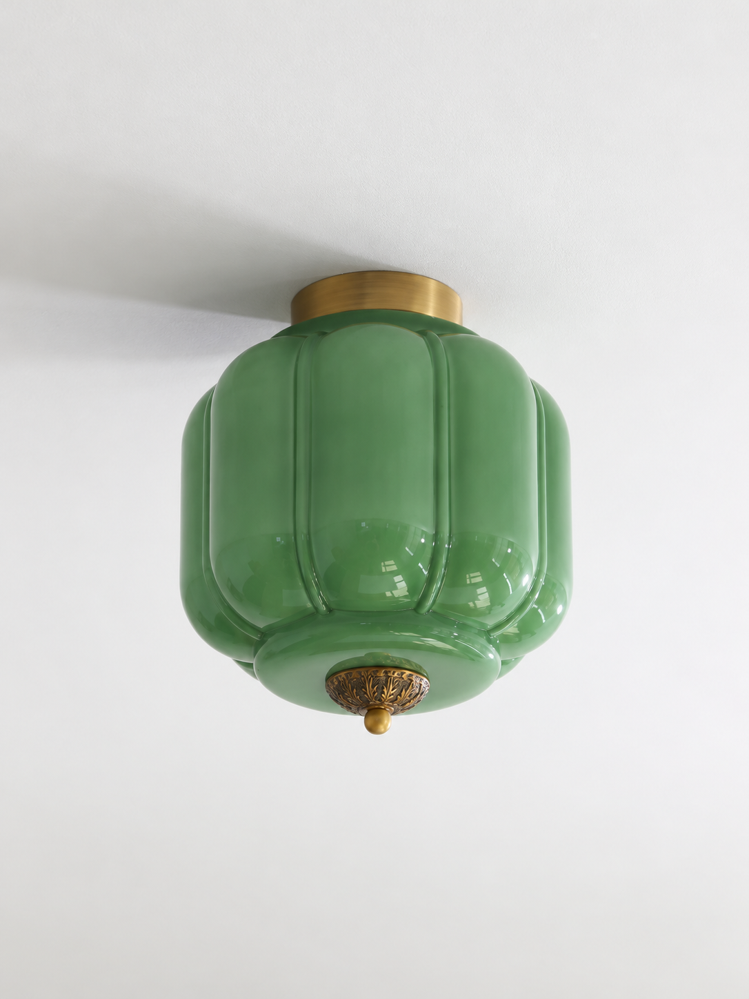 Fluted glass ceiling light, Copper Tone, Green, 24 cm