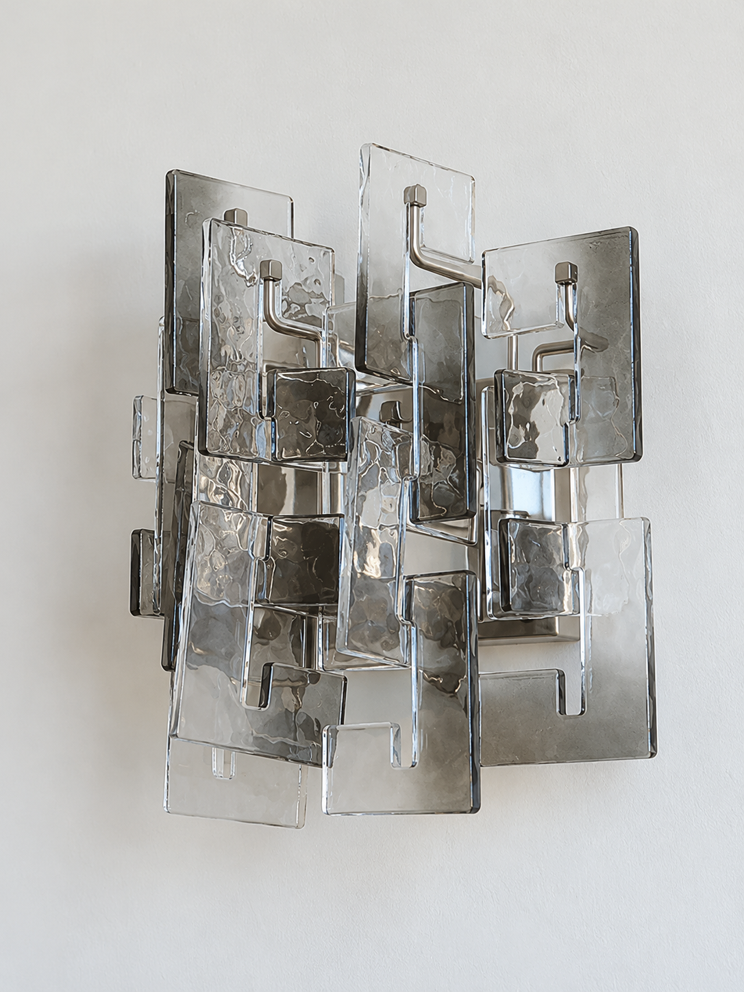 Satin Nickel wall sconce with smoke textured glass panels, shown switched off in daylight
