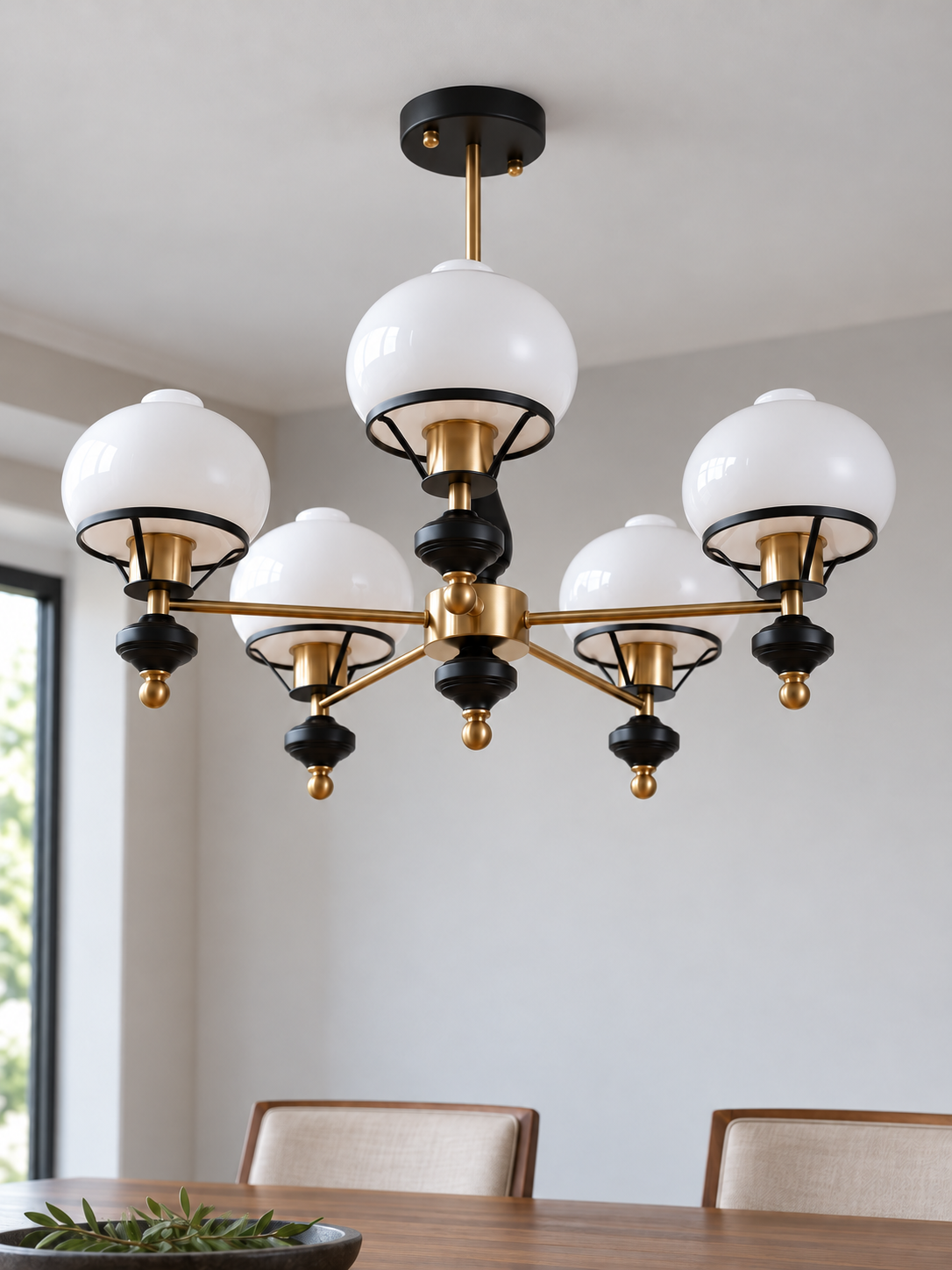 Black and copper-tone 5-light chandelier with white glass shades and ribbed finials, shown switched off