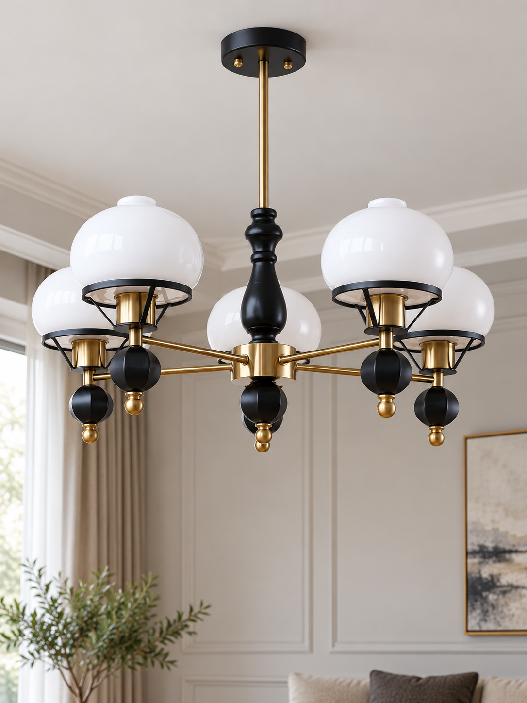 Black and copper-tone 5-light chandelier with white glass shades and faceted finials, shown switched off