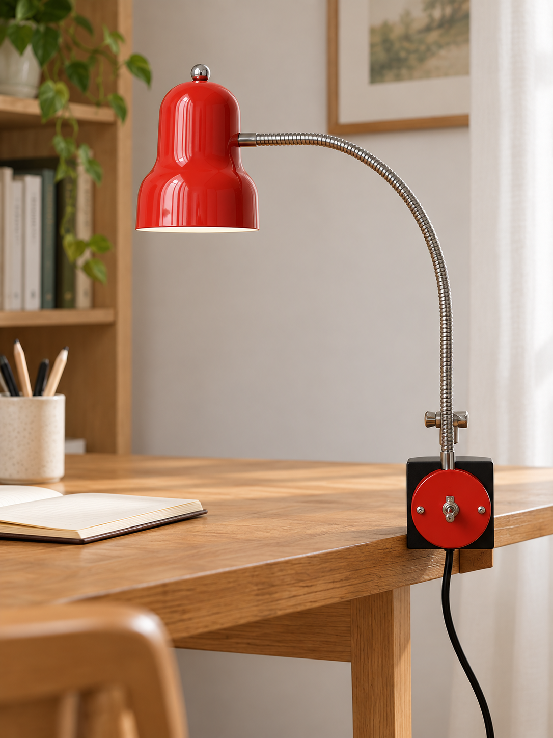 Adjustable Gooseneck Clamp Desk Lamp — Cherry Red / Chrome / Black — product view 4