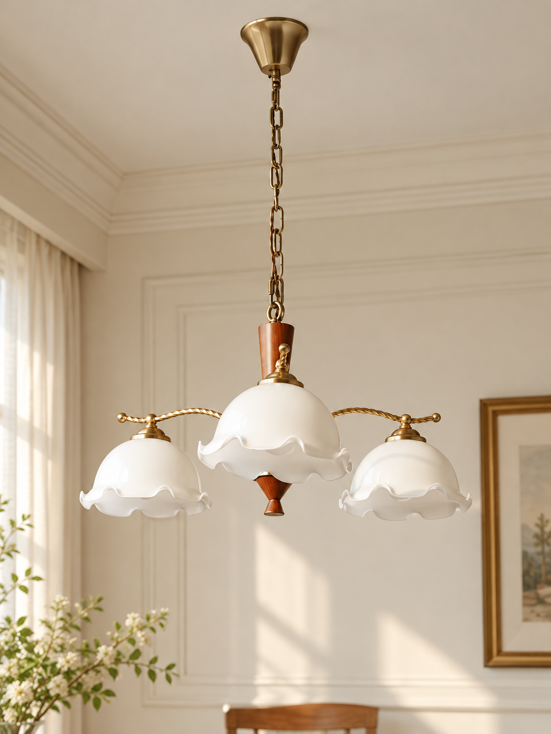 Three-light ivory bud shade chandelier, lamp off