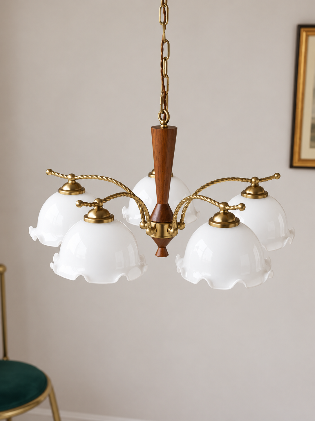 Ivory bud shade chandelier room view, lamp off