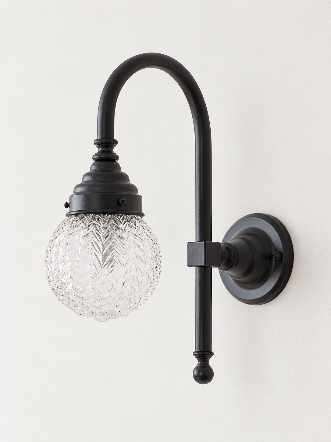 Curved arm wall light, B - Chevron Globe, Black, Clear