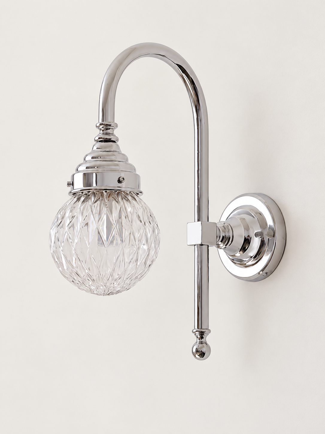Curved arm wall light, A - Diamond Globe, Chrome, Clear