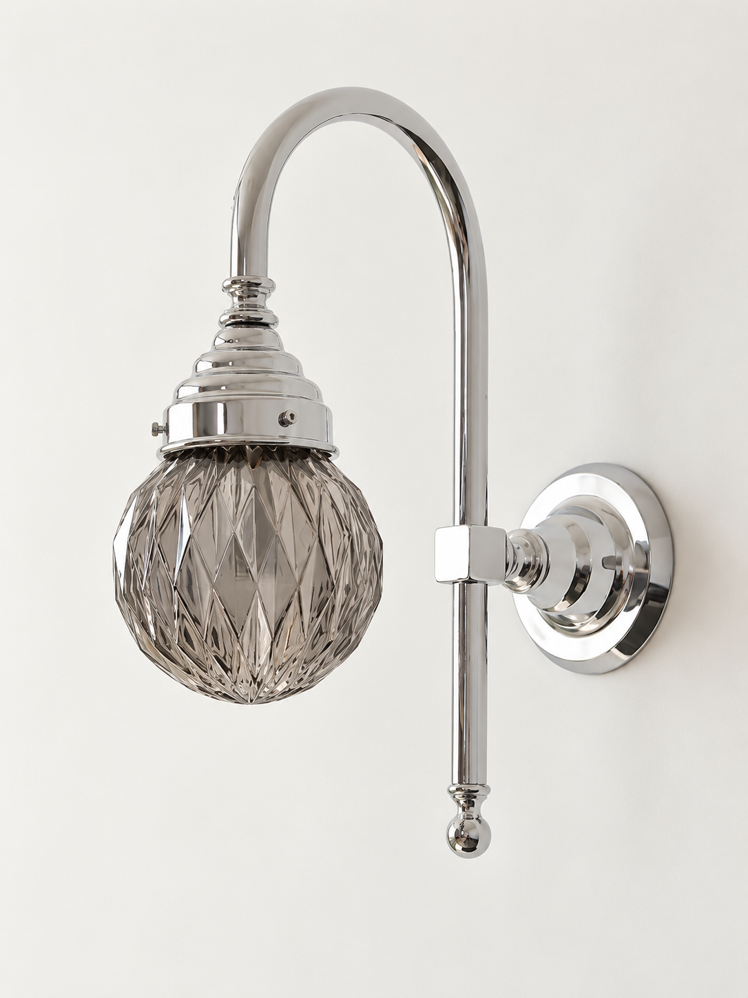 Curved arm wall light, A - Diamond Globe, Chrome, Smoke Grey