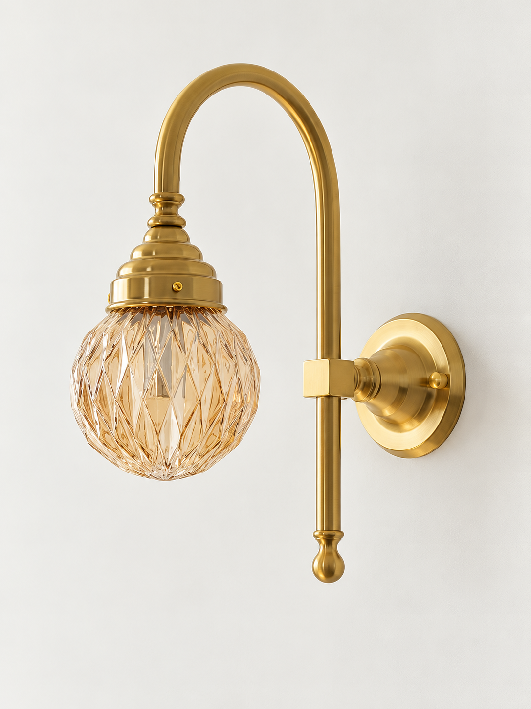 Curved arm wall light, A - Diamond Globe, Copper-Tone, Champagne
