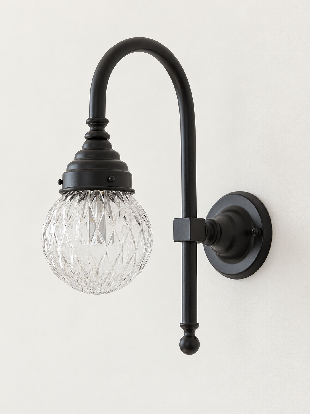 Curved arm wall light, A - Diamond Globe, Black, Clear