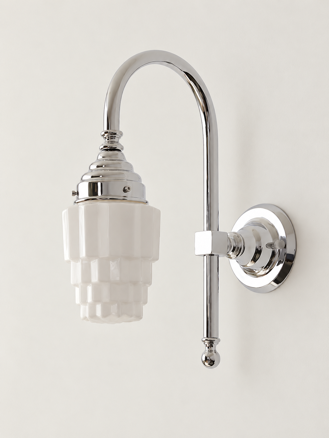 Curved arm wall light, D - Stepped Opal, Chrome, White
