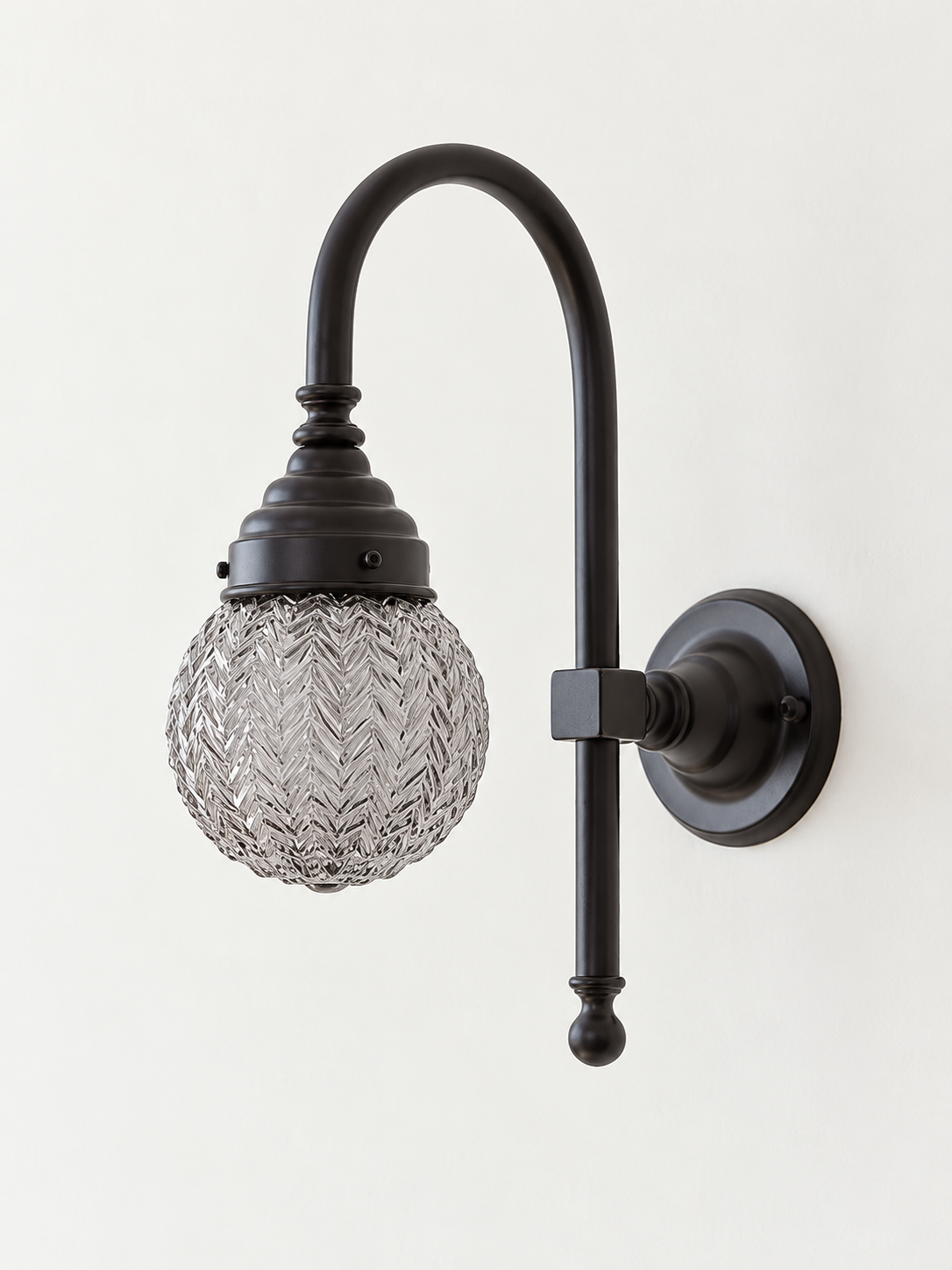 Curved arm wall light, B - Chevron Globe, Black, Smoke Grey