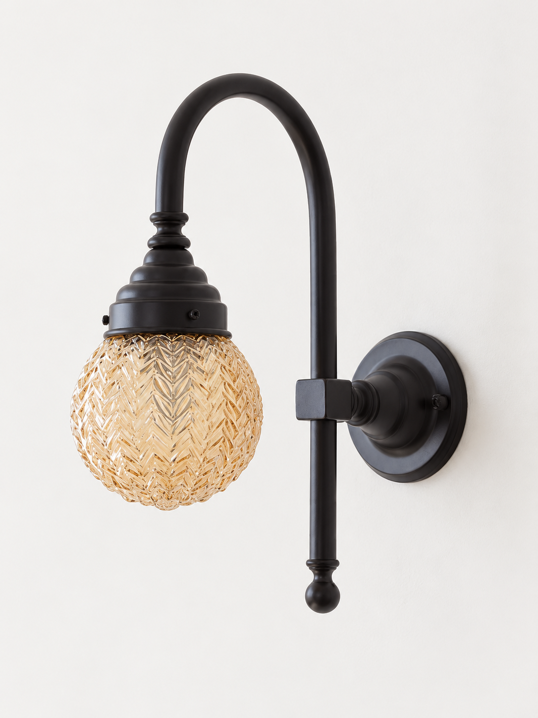 Curved arm wall light, B - Chevron Globe, Black, Champagne