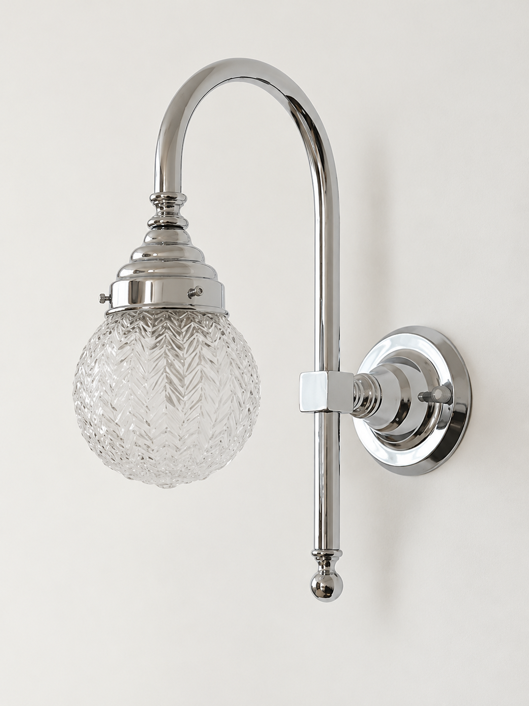 Curved arm wall light, B - Chevron Globe, Chrome, Clear