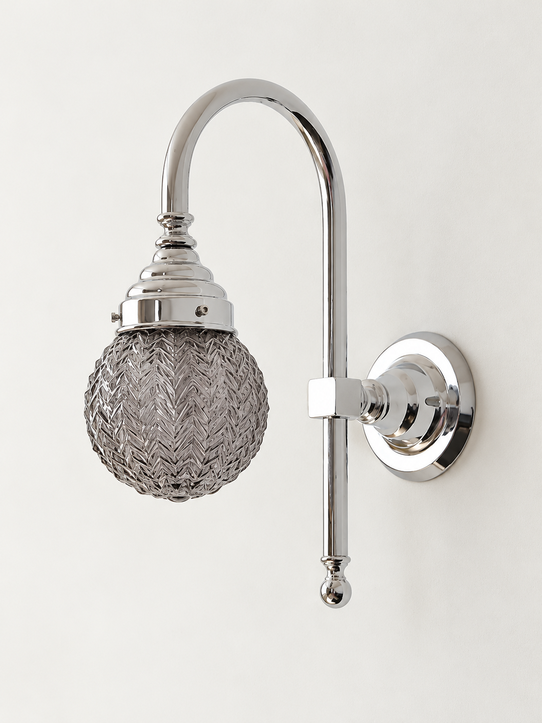 Curved arm wall light, B - Chevron Globe, Chrome, Smoke Grey