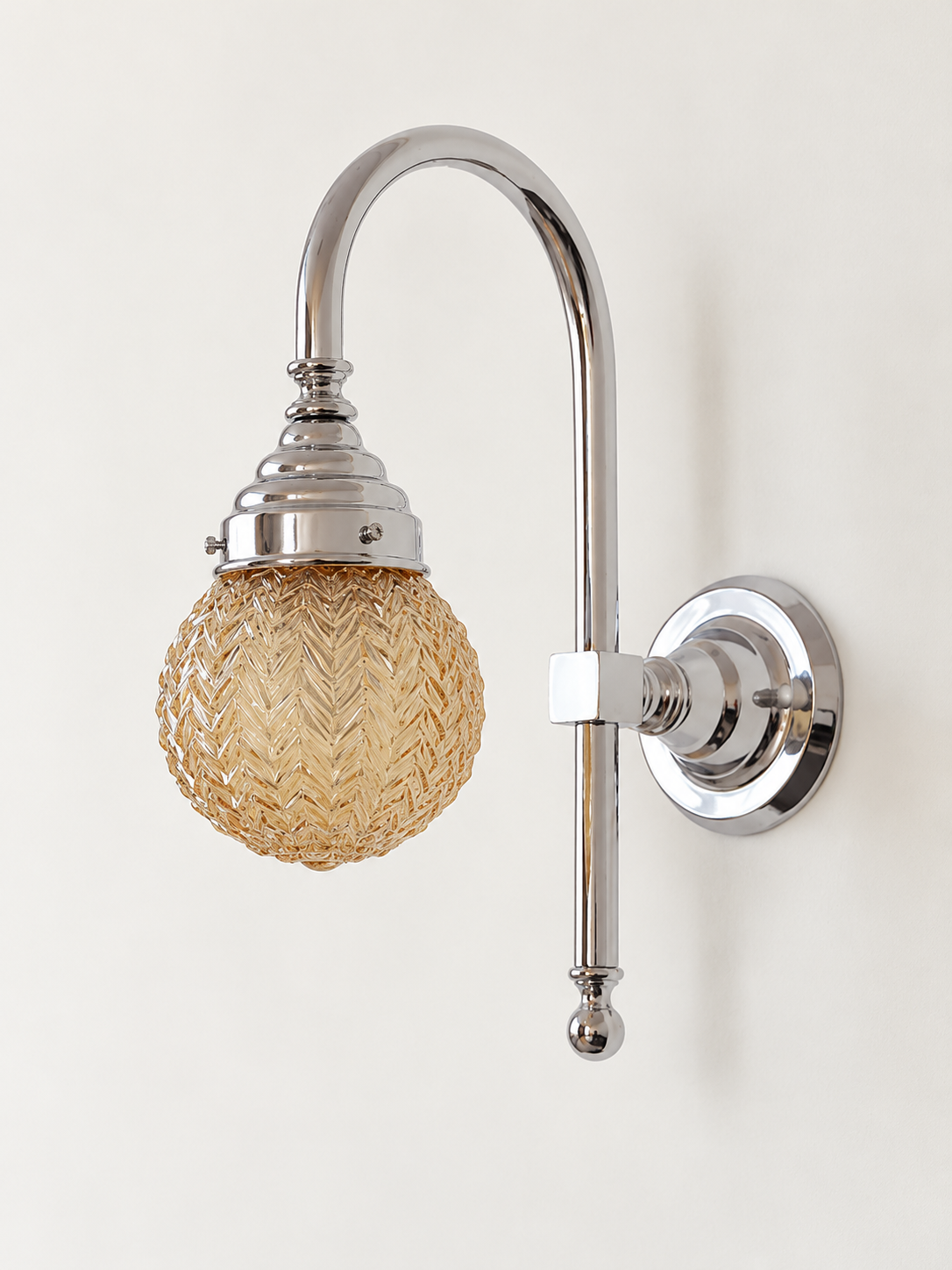 Curved arm wall light, B - Chevron Globe, Chrome, Champagne