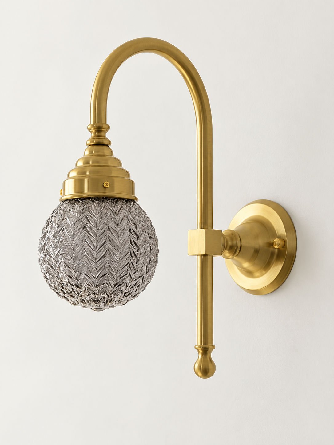 Curved arm wall light, B - Chevron Globe, Copper-Tone, Smoke Grey