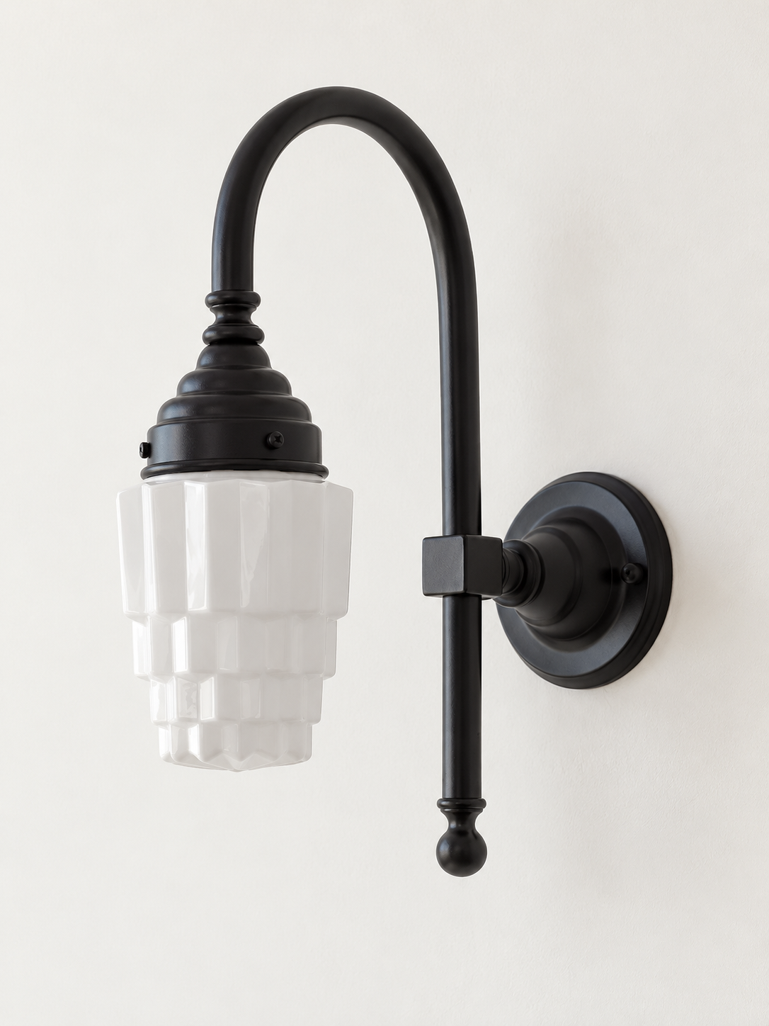 Curved arm wall light, D - Stepped Opal, Black, White