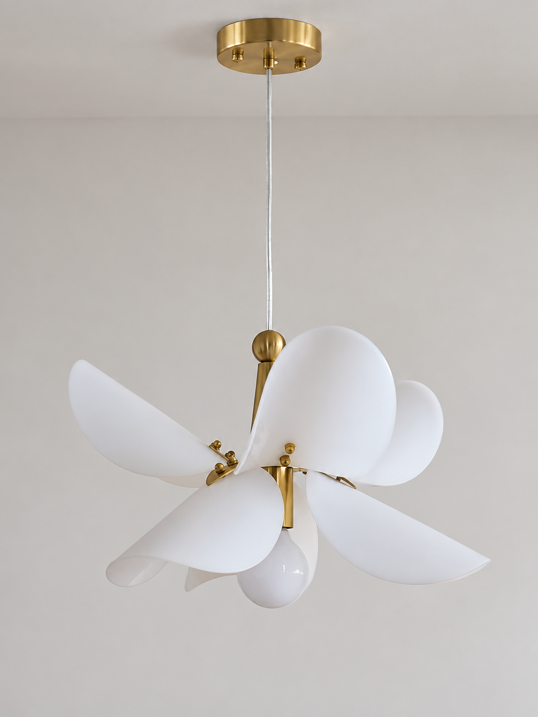 Large 36 cm copper-tone and white acrylic petal pendant, switched off in a neutral studio