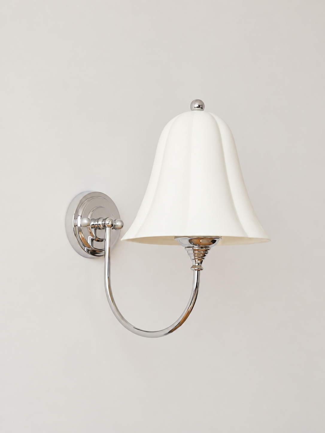 Chrome-tone and white ceramic bell wall light, lamp off