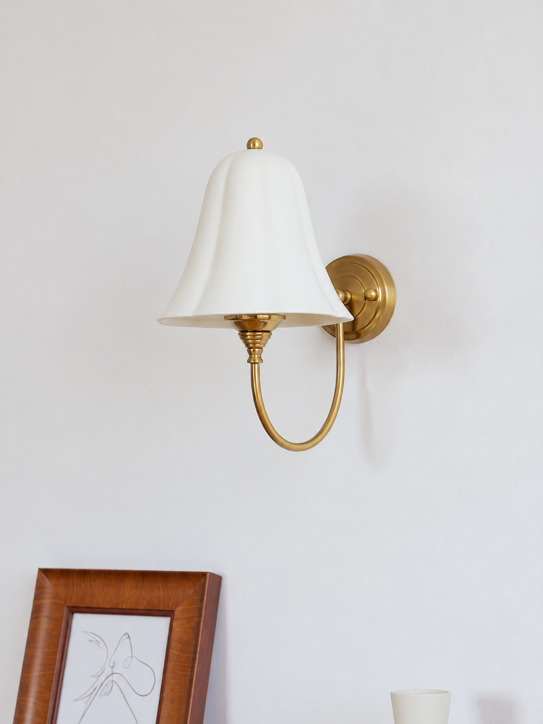 Copper-tone ceramic bell wall light second view, lamp off
