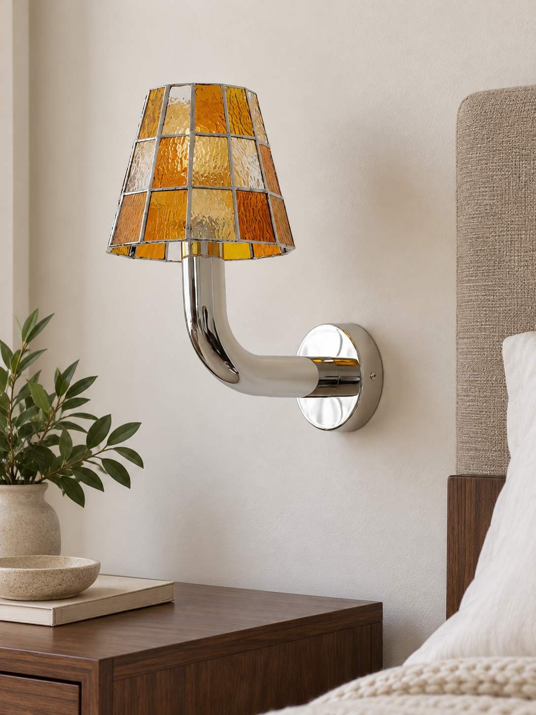 Mosaic Glass Curved Arm Wall Sconce — Silver / Orange — interior setting