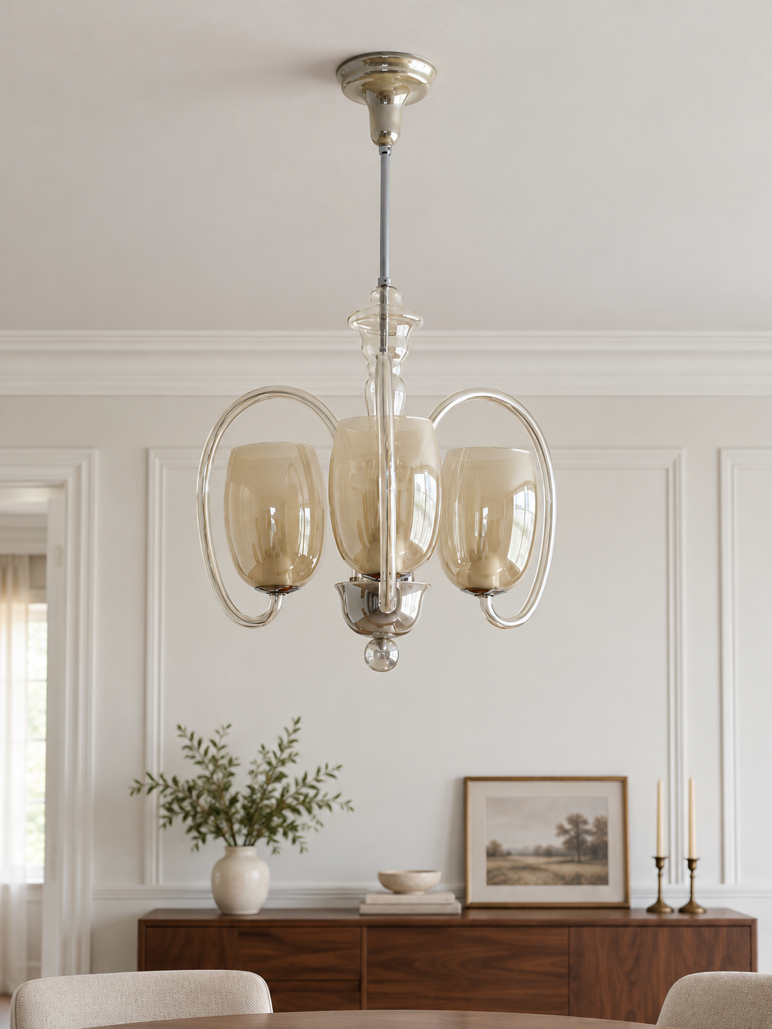 Three-light champagne glass oval loop chandelier, lamp off