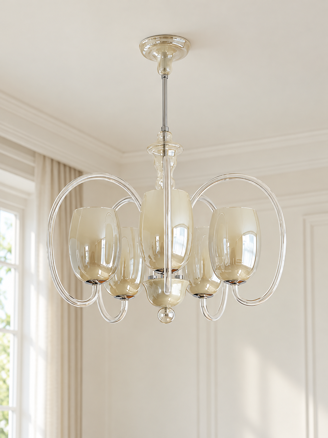 Five-light champagne glass oval loop chandelier, lamp off