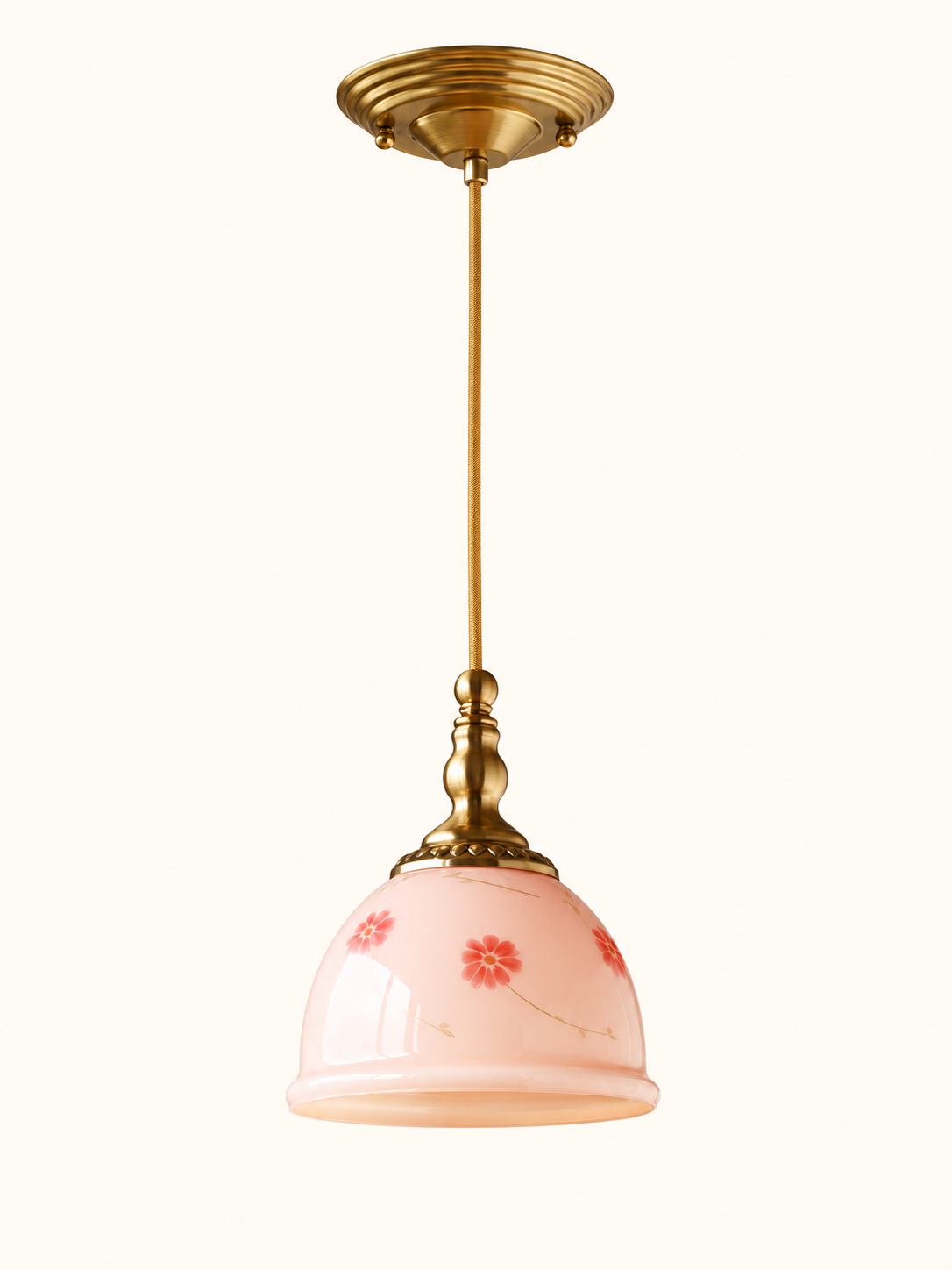 Complete pink floral glass pendant with copper-tone canopy and cord