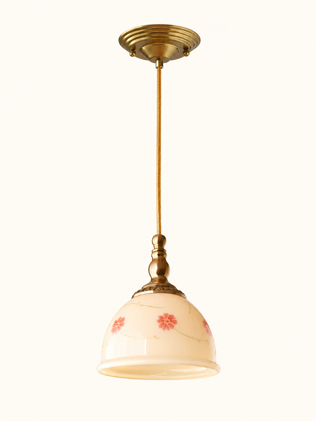 Complete cream-yellow floral glass pendant with copper-tone canopy and cord