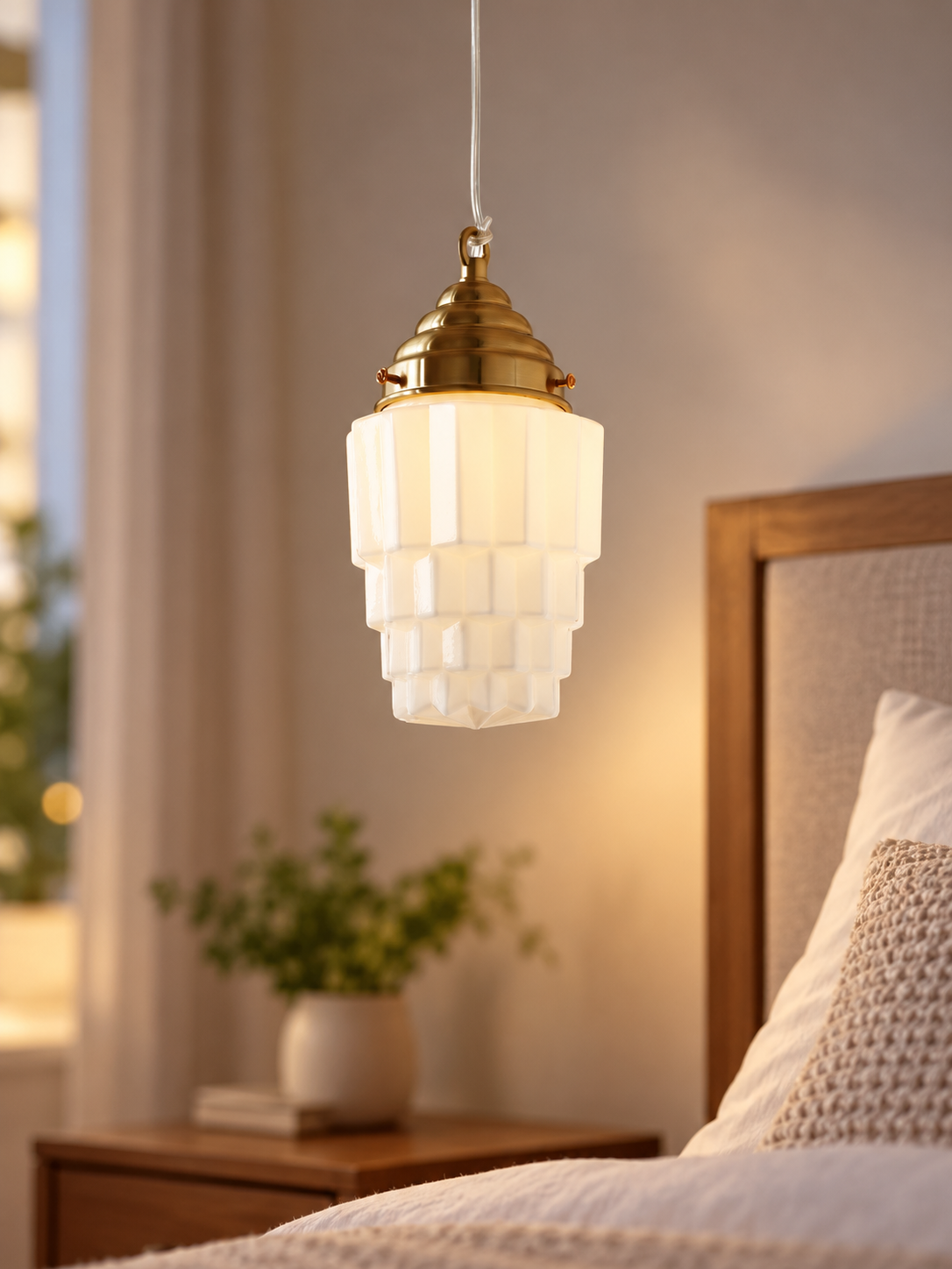 Copper-tone faceted stepped white glass pendant in a bedroom setting