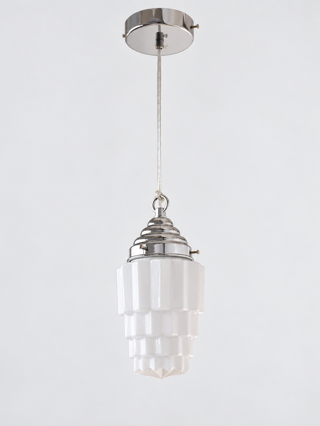 Chrome faceted stepped white glass pendant