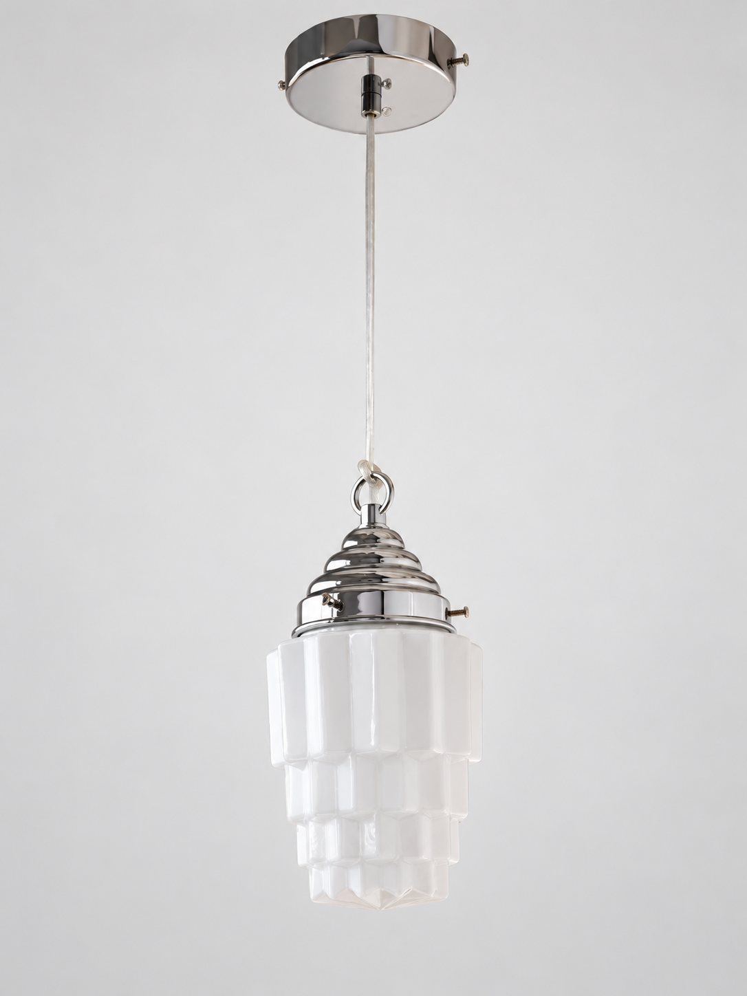 Chrome faceted stepped white glass pendant