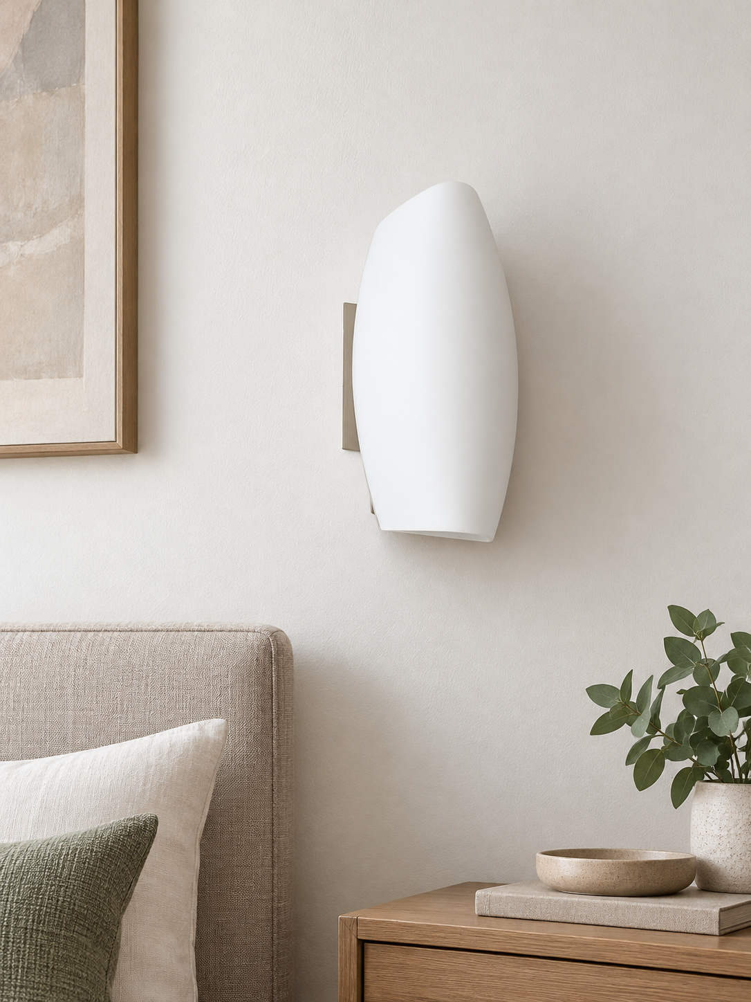 Small satin nickel and white curved glass wall light, lamp off