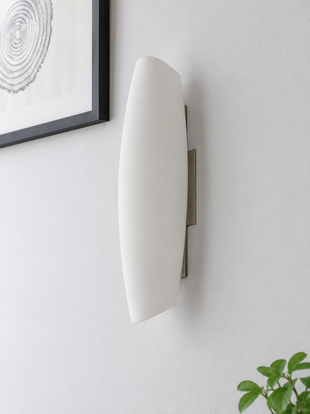 Large satin nickel and white curved glass wall light, lamp off