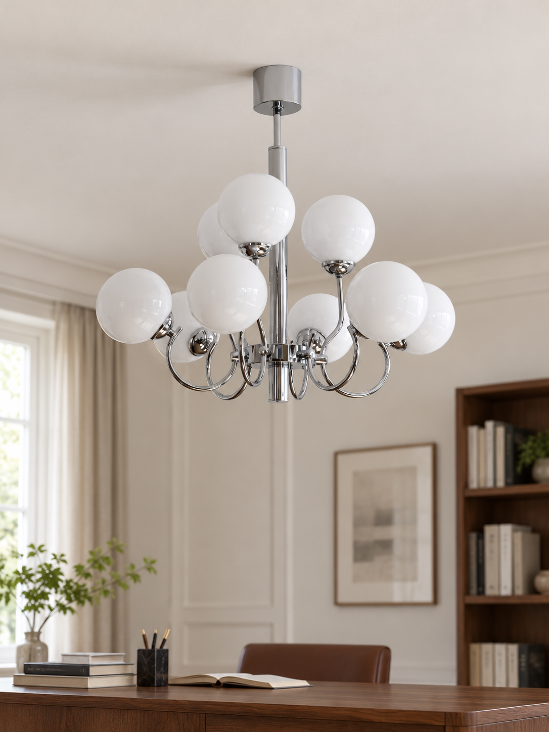 Chrome and white glass nine-light chandelier, shown switched off in a daylight study