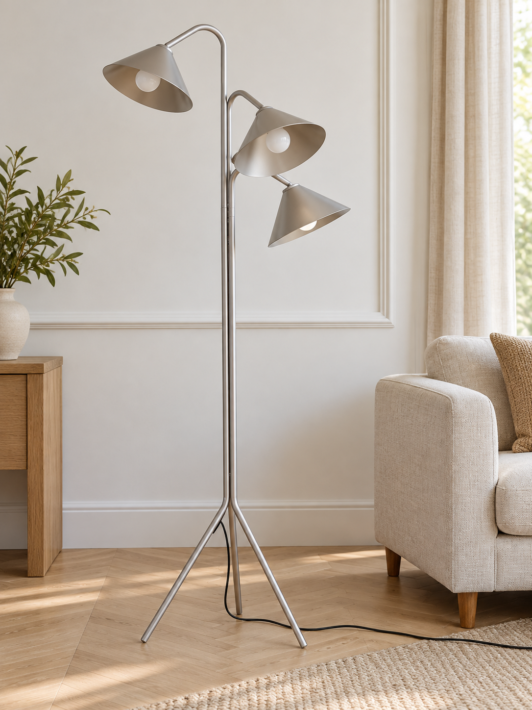 Silver Three-Shade Tripod Floor Lamp — Silver — interior setting
