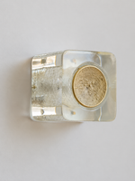 Antique Copper resin brick wall sconce with pale-yellow resin and textured circular cap, shown unlit, material detail