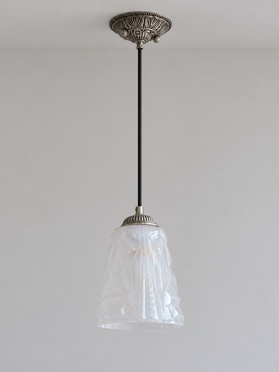 Antique Silver pendant with translucent patterned glass cone, shown unlit, product view