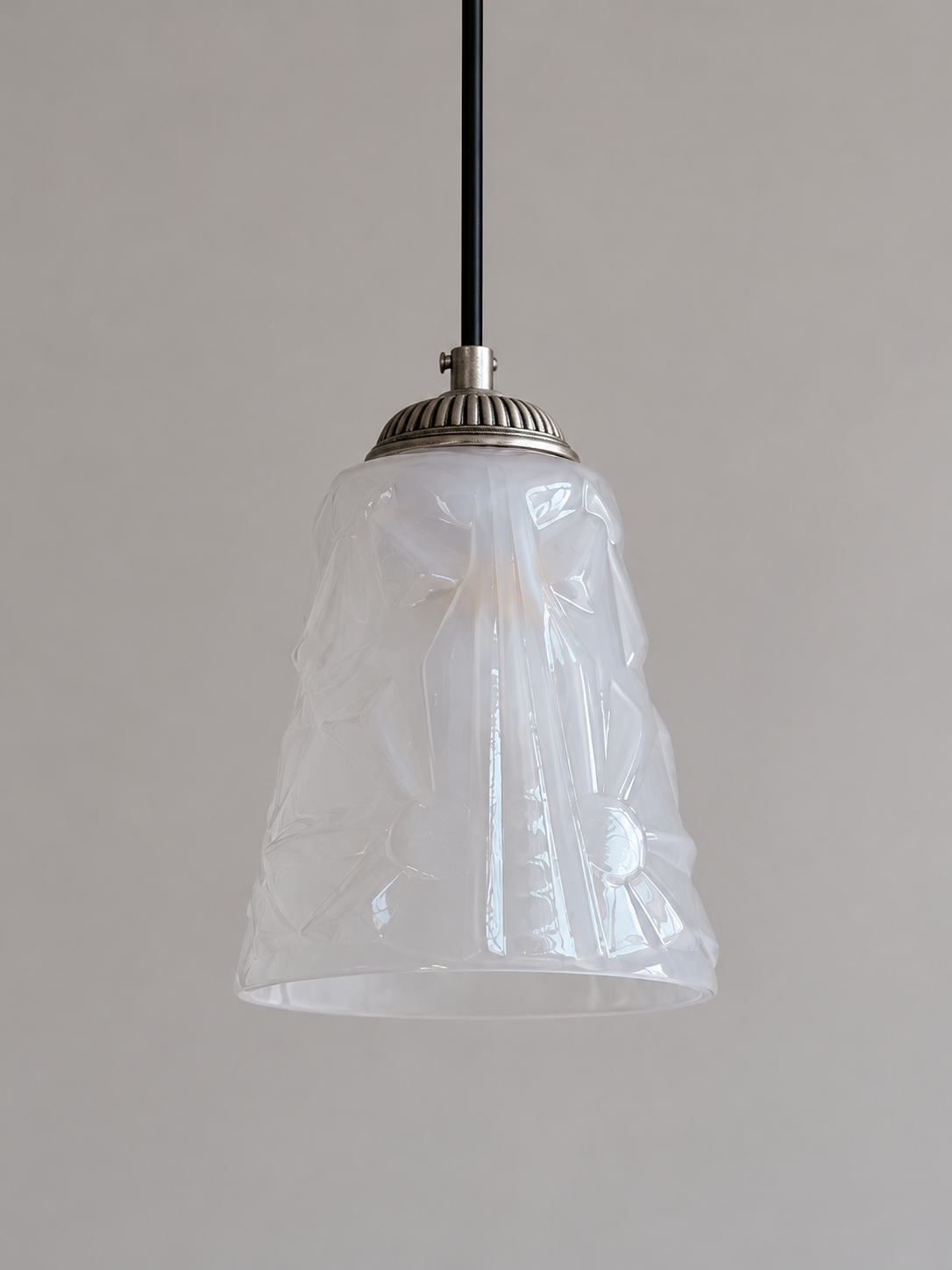 Antique Silver pendant with translucent patterned glass cone, shown unlit, shade detail