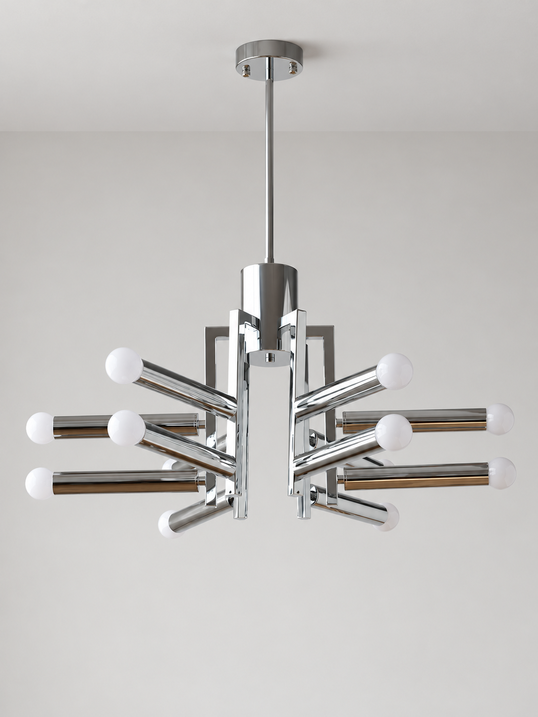 Chrome geometric12-light chandelier with milk white light sources, shown unlit in a hero composition