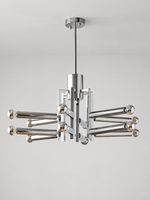 Chrome geometric12-light chandelier with half-plated mirror light sources, shown unlit in a hero composition