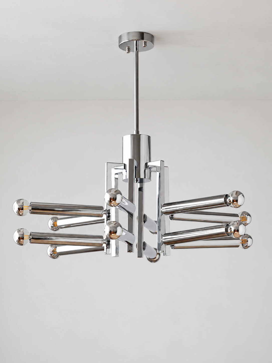Chrome geometric12-light chandelier with half-plated mirror light sources, shown unlit in a hero composition