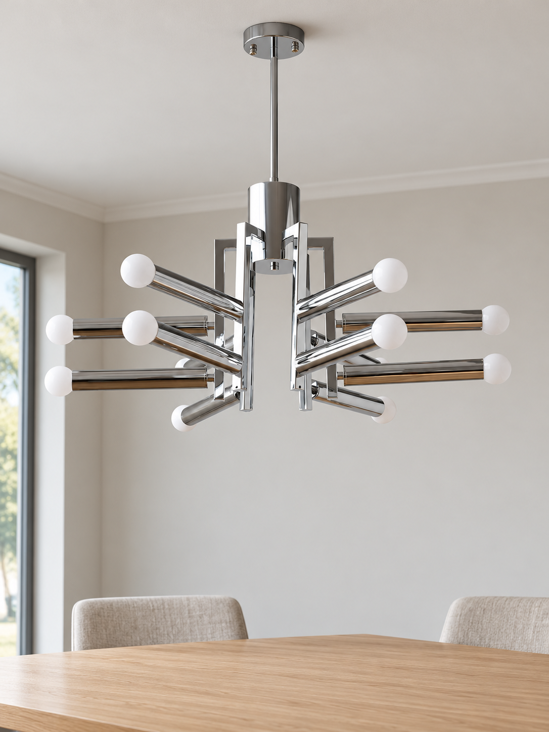 Chrome geometric12-light chandelier with milk white light sources, shown unlit in a room composition